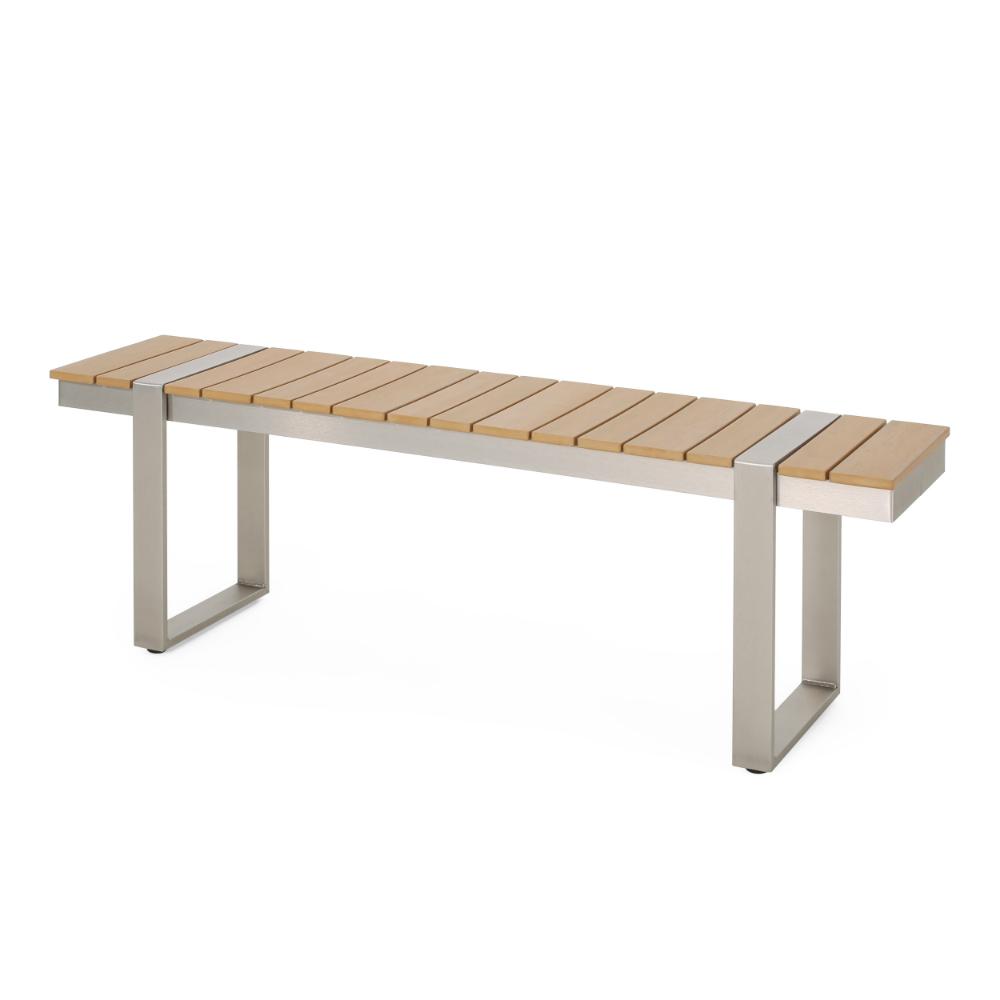 Shane Outdoor Dining Bench, 58 Inch Brown Wood Top, Silver Metal Sled Legs