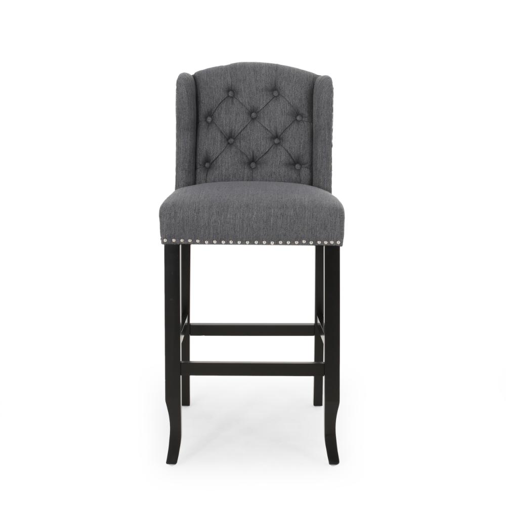 Seliva Barstool Chair Set of 2, Charcoal Gray, Tufted Back, Black Wood -BM323399