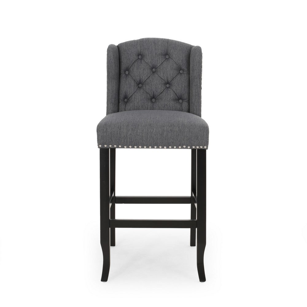 Seliva Barstool Chair Set of 2, Charcoal Gray, Tufted Back, Black Wood -BM323399
