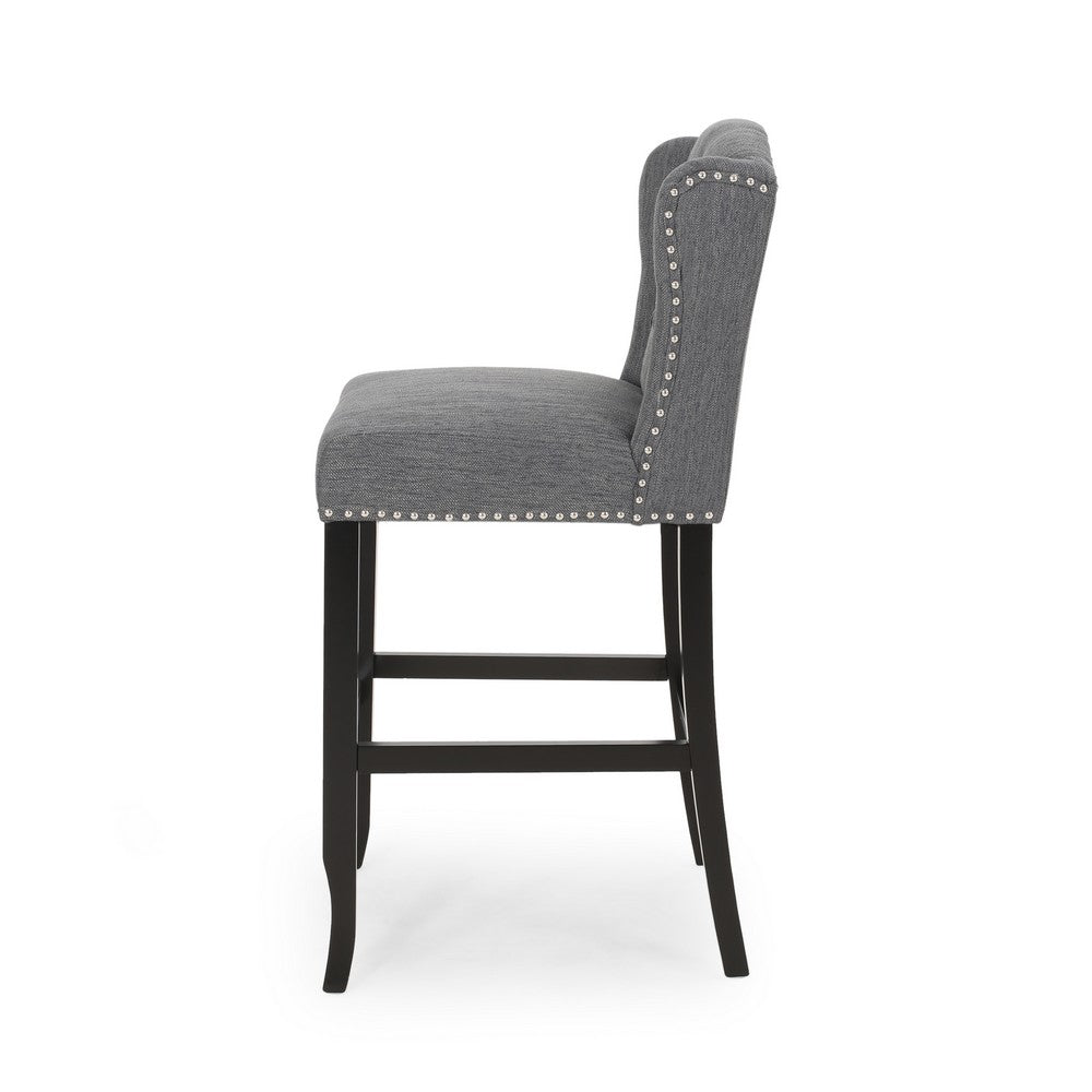 Seliva Barstool Chair Set of 2, Charcoal Gray, Tufted Back, Black Wood -BM323399