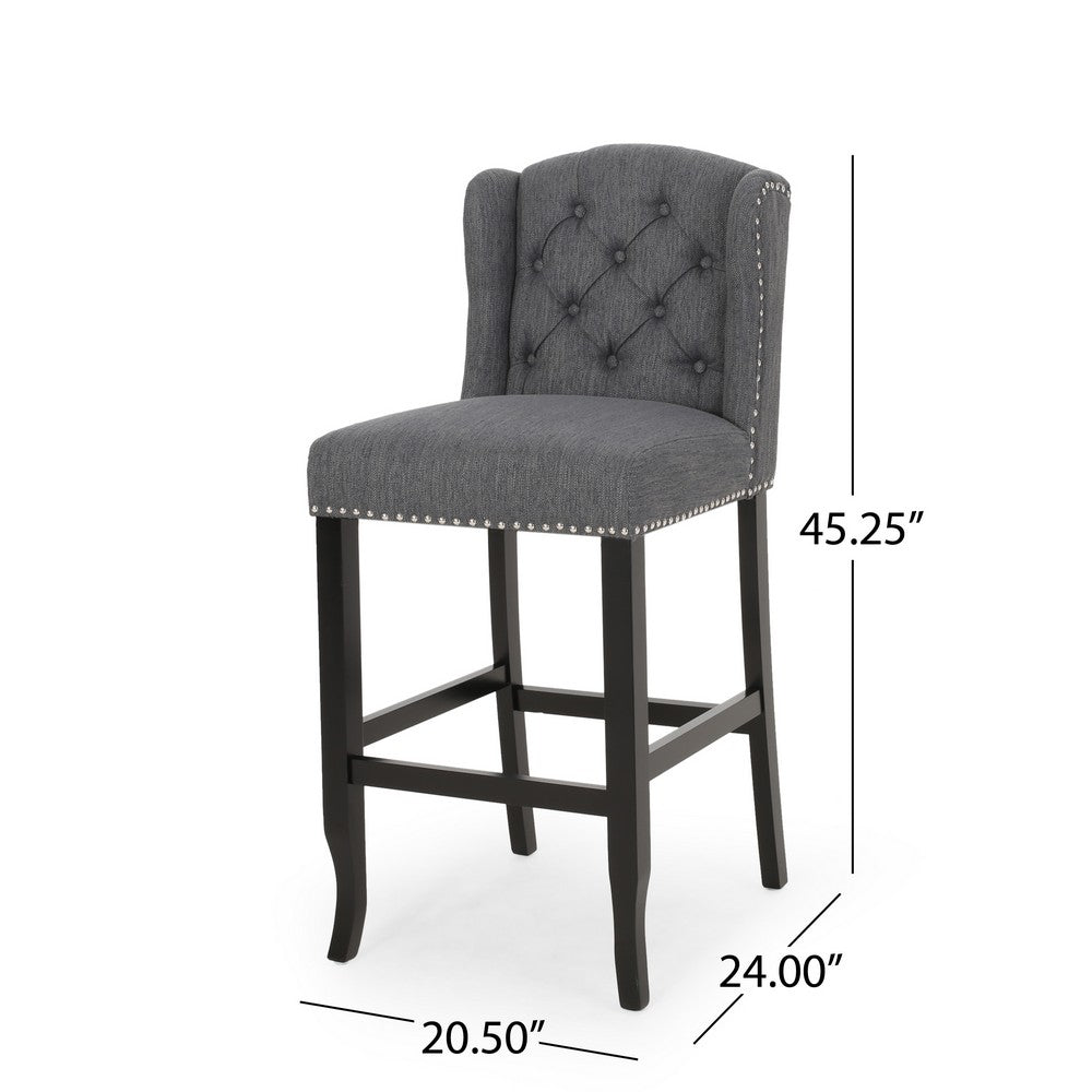 Seliva Barstool Chair Set of 2, Charcoal Gray, Tufted Back, Black Wood -BM323399
