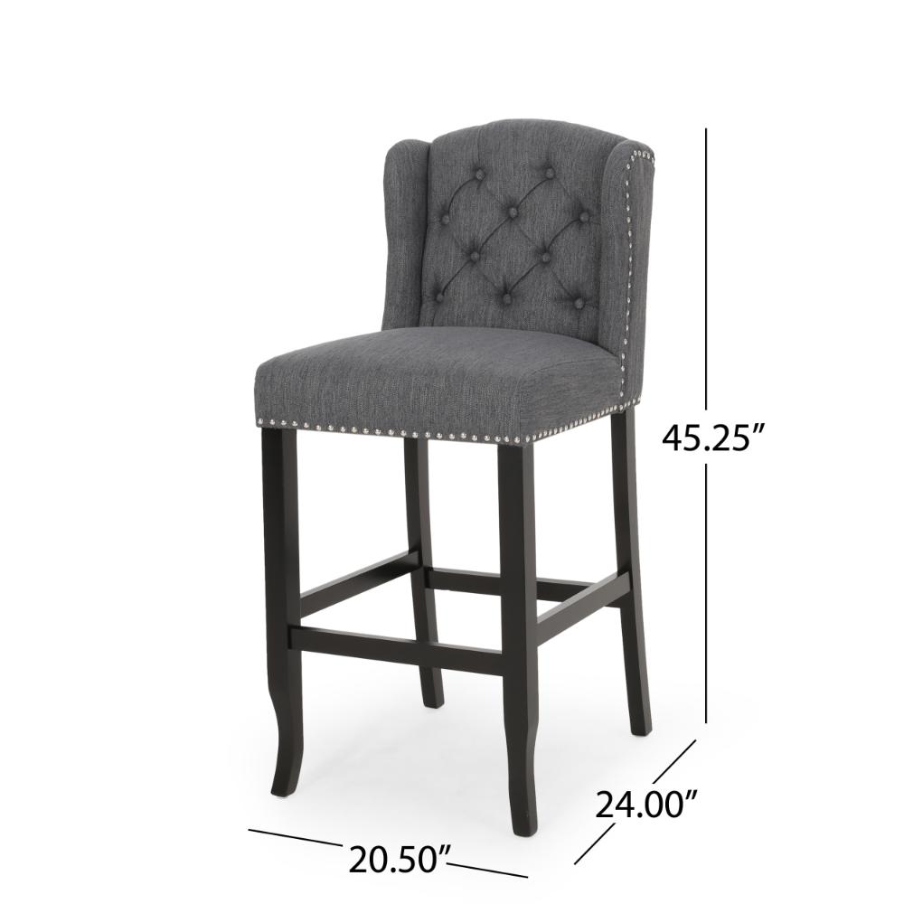 Seliva Barstool Chair Set of 2, Charcoal Gray, Tufted Back, Black Wood -BM323399