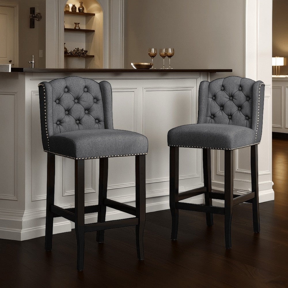 Seliva Barstool Chair Set of 2, Charcoal Gray, Tufted Back, Black Wood -BM323399