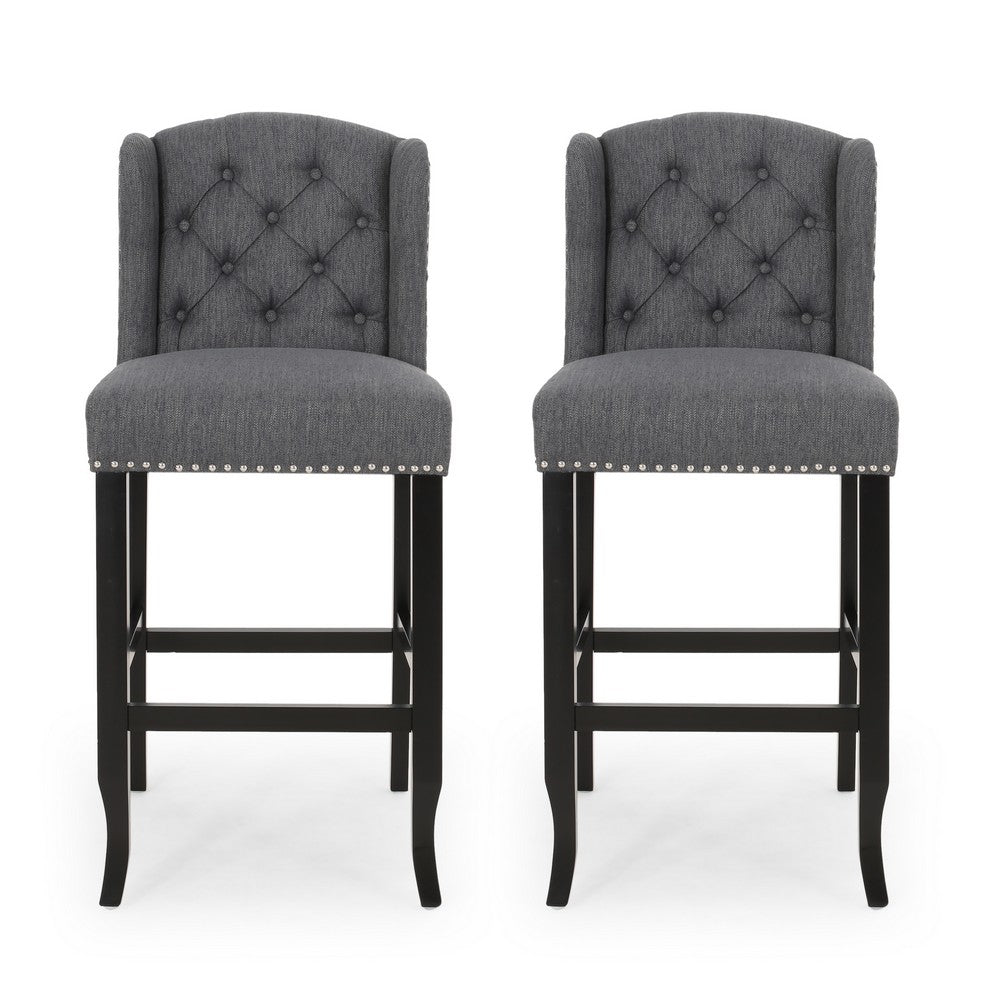Seliva Barstool Chair Set of 2, Charcoal Gray, Tufted Back, Black Wood -BM323399