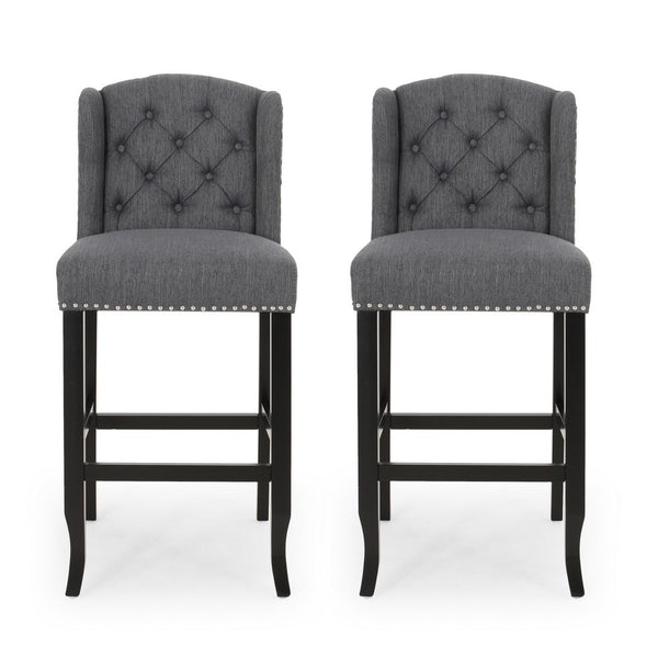 Seliva Barstool Chair Set of 2, Charcoal Gray, Tufted Back, Black Wood -BM323399