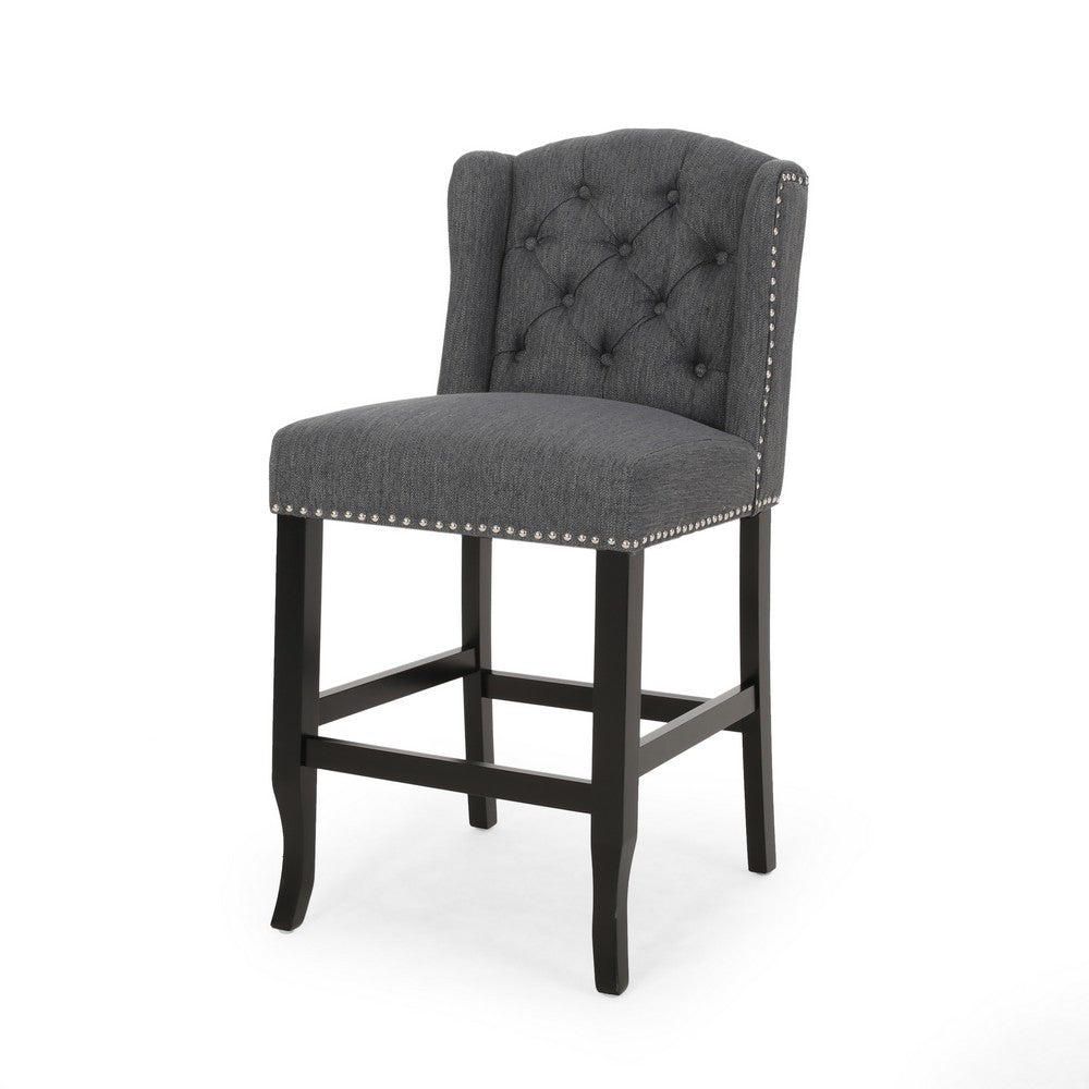 Seliva Counter Stool Chair Set of 2, Charcoal Gray, Tufted Back, Brown Wood -BM323402
