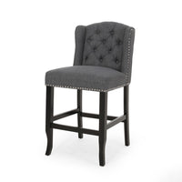 Seliva Counter Stool Chair Set of 2, Charcoal Gray, Tufted Back, Brown Wood -BM323402