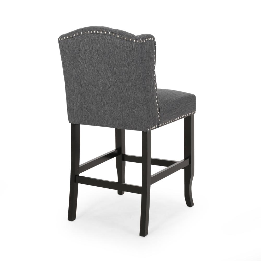 Seliva Counter Stool Chair Set of 2, Charcoal Gray, Tufted Back, Brown Wood -BM323402