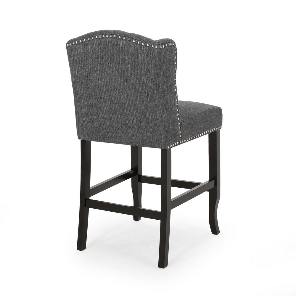Seliva Counter Stool Chair Set of 2, Charcoal Gray, Tufted Back, Brown Wood -BM323402