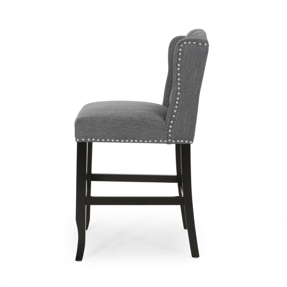 Seliva Counter Stool Chair Set of 2, Charcoal Gray, Tufted Back, Brown Wood -BM323402