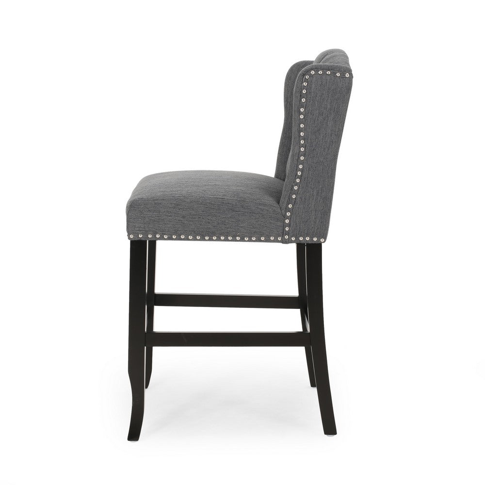 Seliva Counter Stool Chair Set of 2, Charcoal Gray, Tufted Back, Brown Wood -BM323402