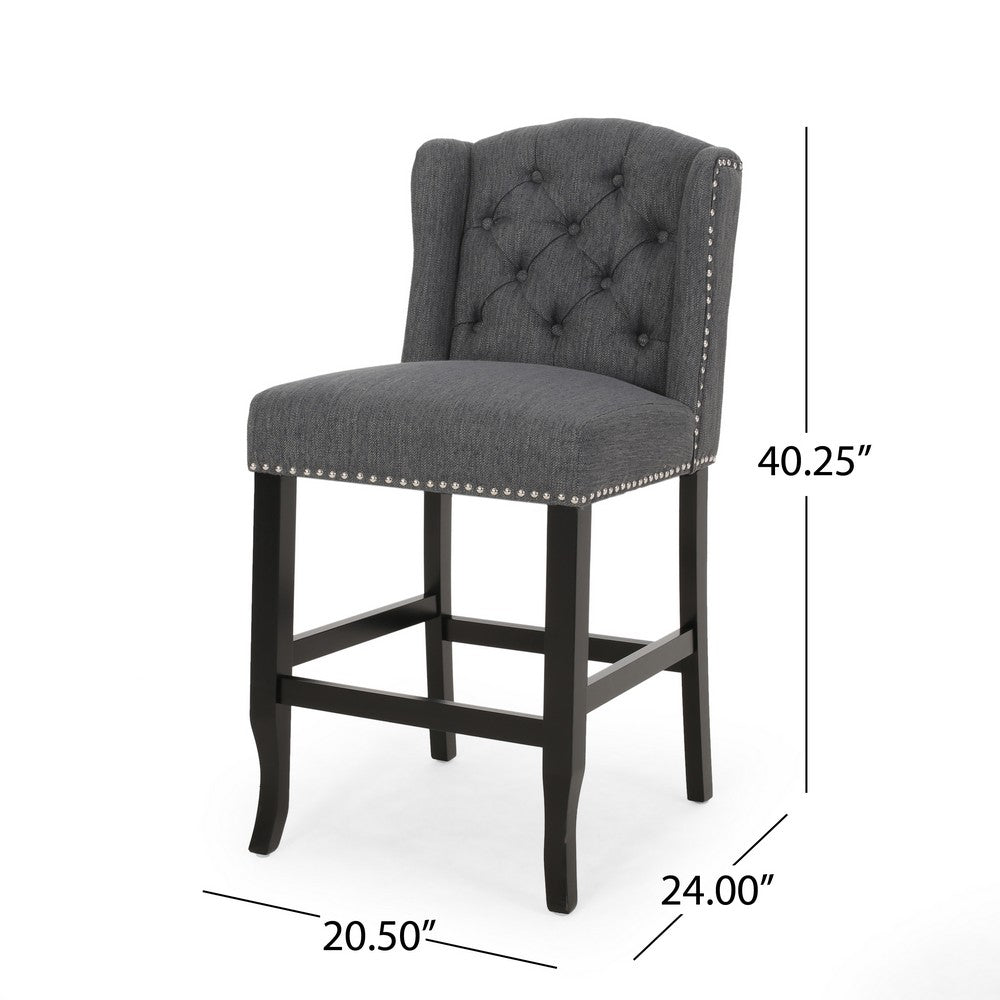 Seliva Counter Stool Chair Set of 2, Charcoal Gray, Tufted Back, Brown Wood -BM323402