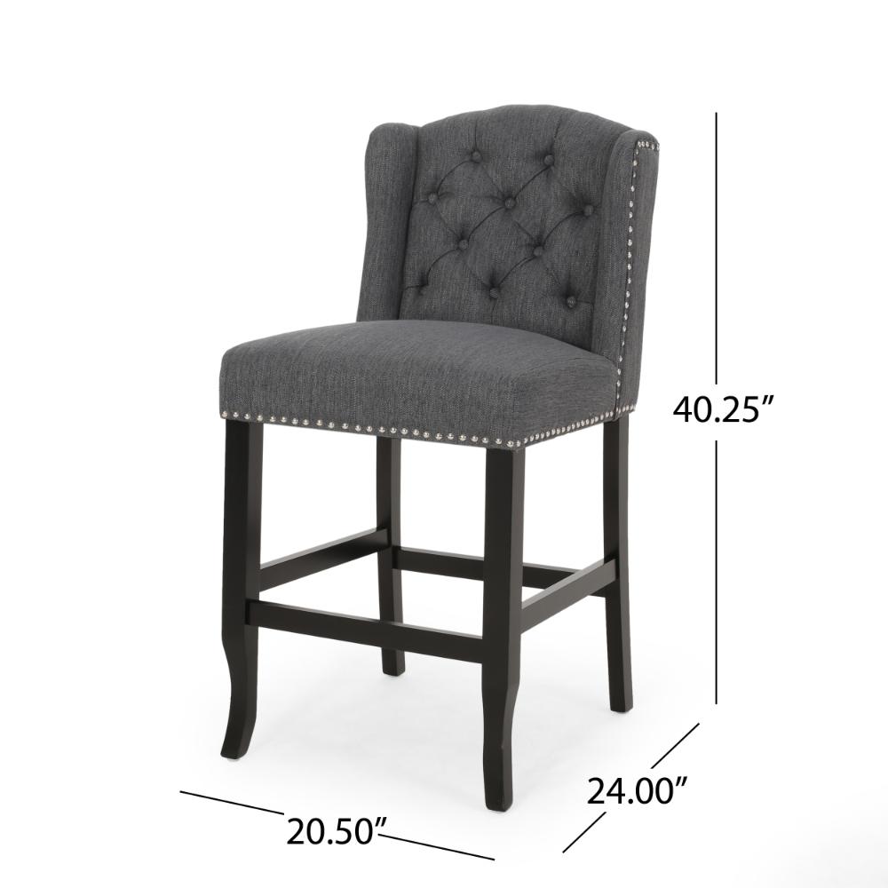 Seliva Counter Stool Chair Set of 2, Charcoal Gray, Tufted Back, Brown Wood -BM323402