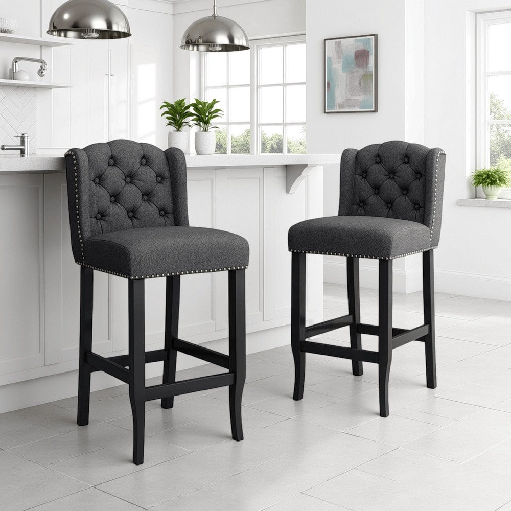 Seliva Counter Stool Chair Set of 2, Charcoal Gray, Tufted Back, Brown Wood -BM323402