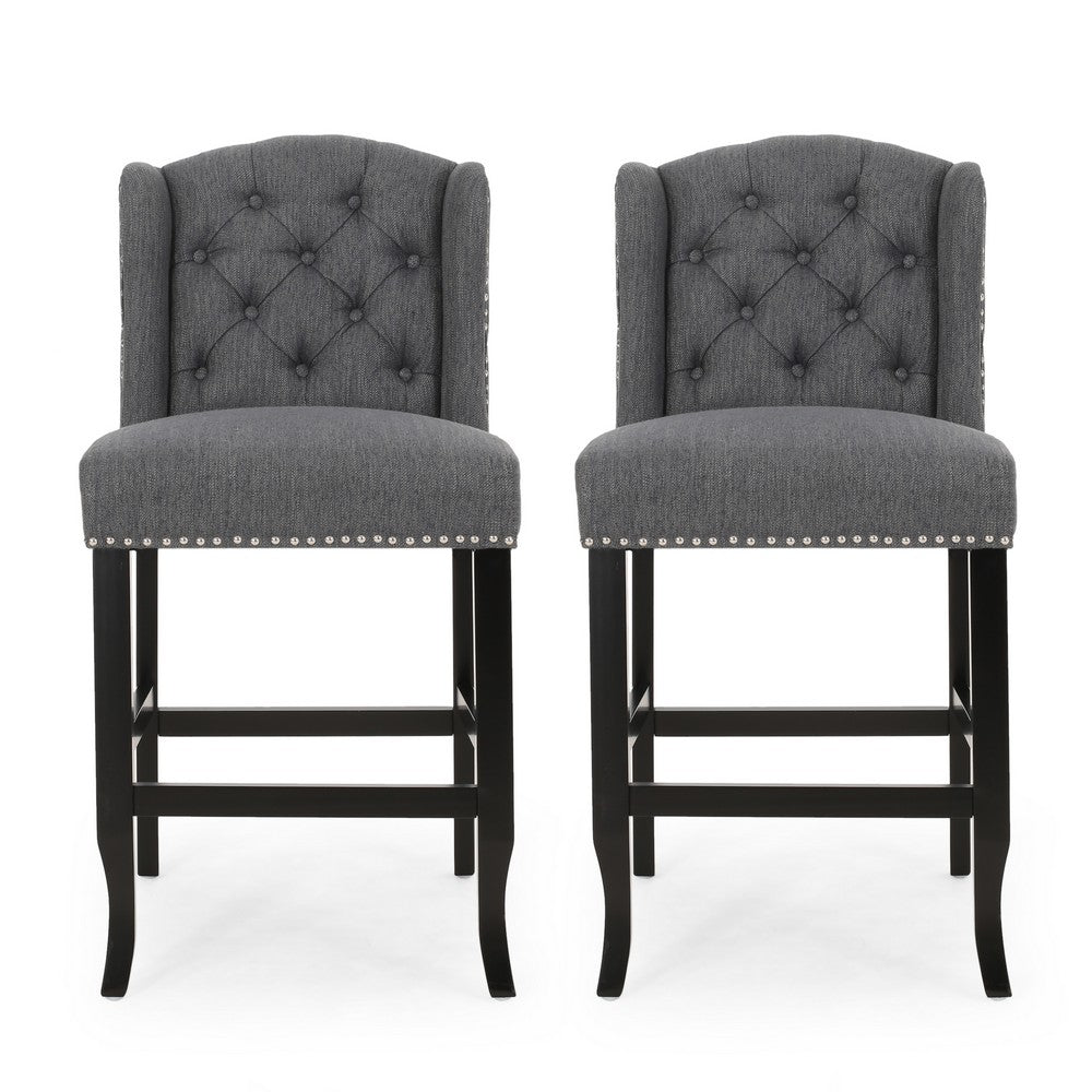 Seliva Counter Stool Chair Set of 2, Charcoal Gray, Tufted Back, Brown Wood -BM323402