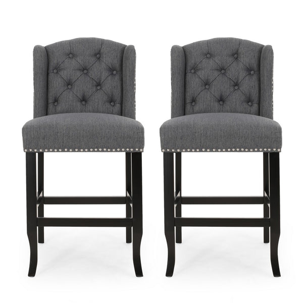 Seliva Counter Stool Chair Set of 2, Charcoal Gray, Tufted Back, Brown Wood -BM323402