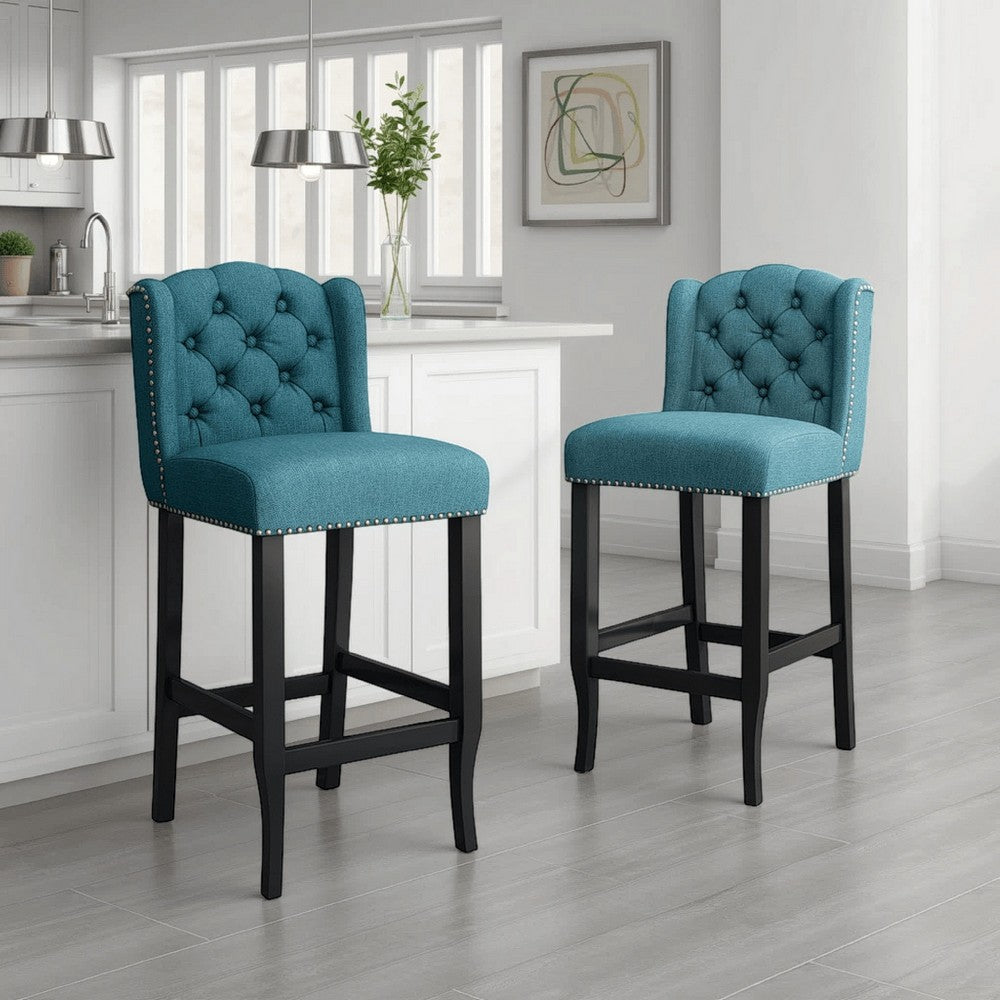 Seliva Counter Stool Chair Set of 2, Teal, Tufted Wingback, Brown Wood -BM323403