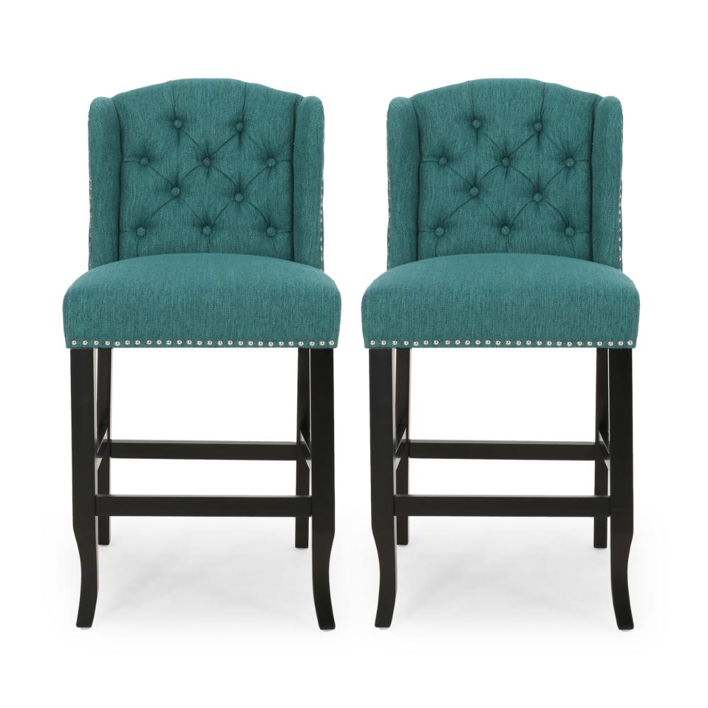 Seliva Counter Stool Chair Set of 2, Teal, Tufted Wingback, Brown Wood