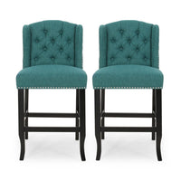 Seliva Counter Stool Chair Set of 2, Teal, Tufted Wingback, Brown Wood