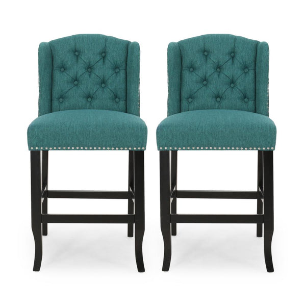 Seliva Counter Stool Chair Set of 2, Teal, Tufted Wingback, Brown Wood