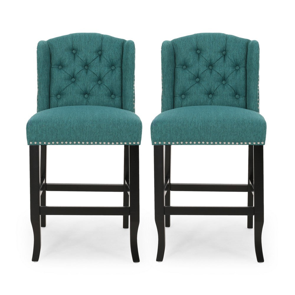 Seliva Counter Stool Chair Set of 2, Teal, Tufted Wingback, Brown Wood -BM323403