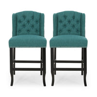Seliva Counter Stool Chair Set of 2, Teal, Tufted Wingback, Brown Wood -BM323403