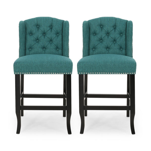 Seliva Counter Stool Chair Set of 2, Teal, Tufted Wingback, Brown Wood -BM323403