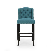 Seliva Barstool Chair Set of 2, Teal Fabric, Tufted Back, Brown Rubberwood -BM323404