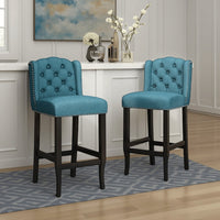 Seliva Barstool Chair Set of 2, Teal Fabric, Tufted Back, Brown Rubberwood -BM323404