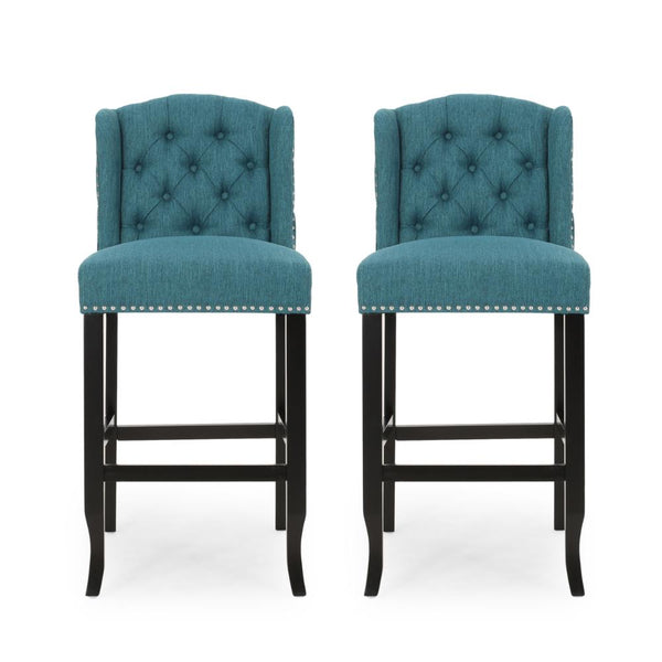 Seliva Barstool Chair Set of 2, Teal Fabric, Tufted Back, Brown Rubberwood