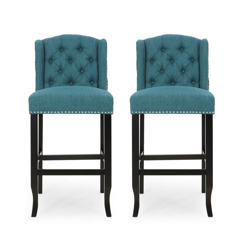 Seliva Barstool Chair Set of 2, Teal Fabric, Tufted Back, Brown Rubberwood -BM323404