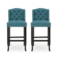 Seliva Barstool Chair Set of 2, Teal Fabric, Tufted Back, Brown Rubberwood -BM323404