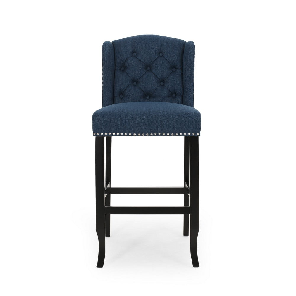 Seliva Barstool Chair Set of 2, Navy Blue Fabric, Tufted Back, Brown Wood -BM323405