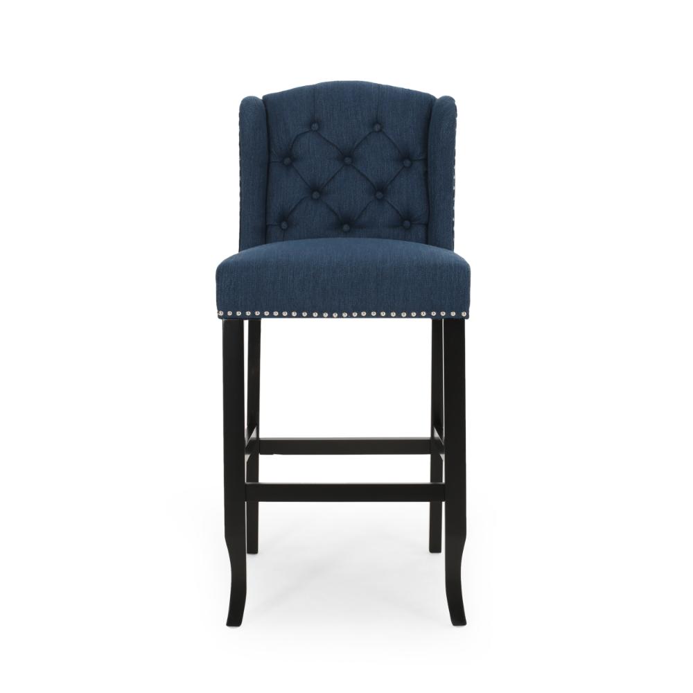Seliva Barstool Chair Set of 2, Navy Blue Fabric, Tufted Back, Brown Wood -BM323405