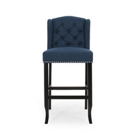 Seliva Barstool Chair Set of 2, Navy Blue Fabric, Tufted Back, Brown Wood -BM323405