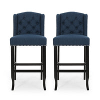 Seliva Barstool Chair Set of 2, Navy Blue Fabric, Tufted Back, Brown Wood -BM323405