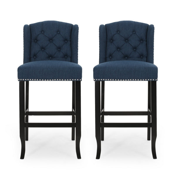 Seliva Barstool Chair Set of 2, Navy Blue Fabric, Tufted Back, Brown Wood -BM323405