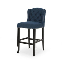 Seliva Barstool Chair Set of 2, Navy Blue Fabric, Tufted Back, Brown Wood -BM323405