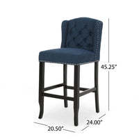 Seliva Barstool Chair Set of 2, Navy Blue Fabric, Tufted Back, Brown Wood -BM323405