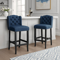 Seliva Barstool Chair Set of 2, Navy Blue Fabric, Tufted Back, Brown Wood -BM323405