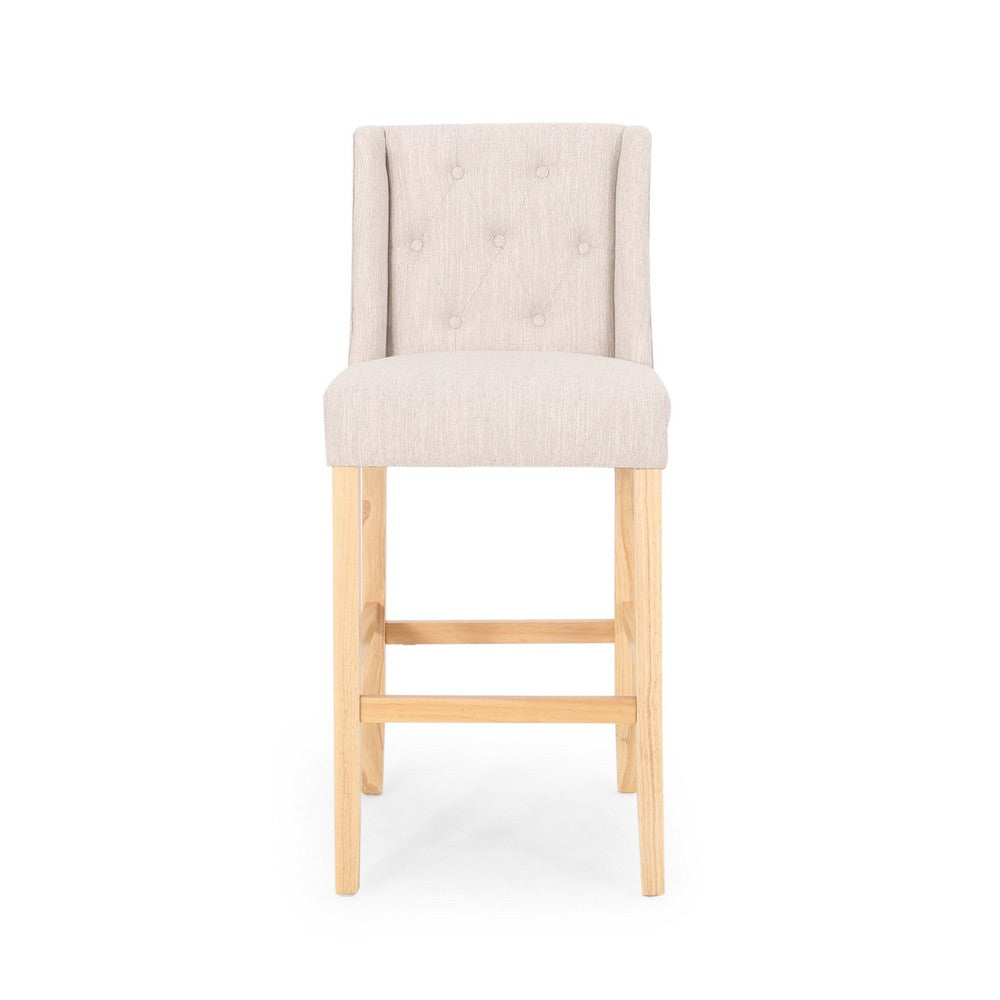 Seliva Barstool Chair Set of 2, Beige Fabric, Tufted Back, Brown Rubberwood -BM323406