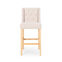 Seliva Barstool Chair Set of 2, Beige Fabric, Tufted Back, Brown Rubberwood -BM323406