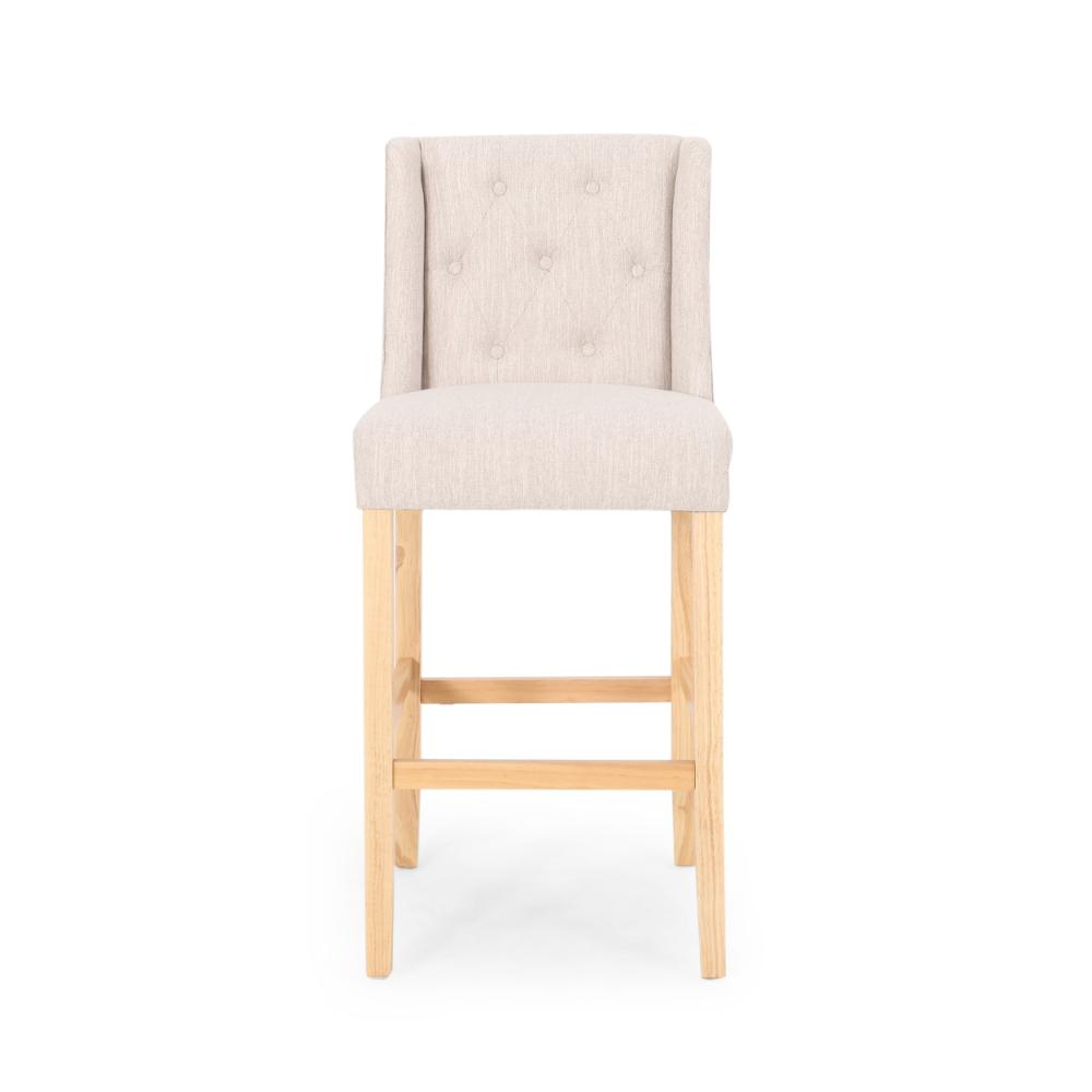 Seliva Barstool Chair Set of 2, Beige Fabric, Tufted Back, Brown Rubberwood -BM323406