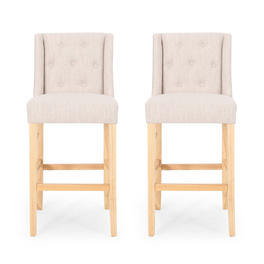 Seliva Barstool Chair Set of 2, Beige Fabric, Tufted Back, Brown Rubberwood -BM323406