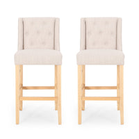 Seliva Barstool Chair Set of 2, Beige Fabric, Tufted Back, Brown Rubberwood -BM323406