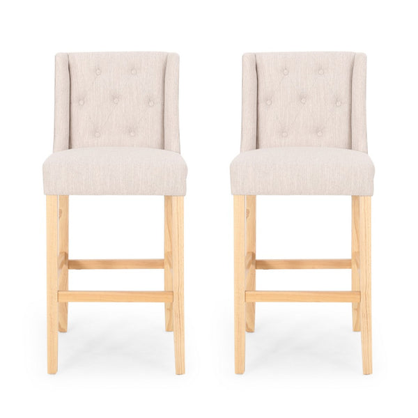 Seliva Barstool Chair Set of 2, Beige Fabric, Tufted Back, Brown Rubberwood -BM323406