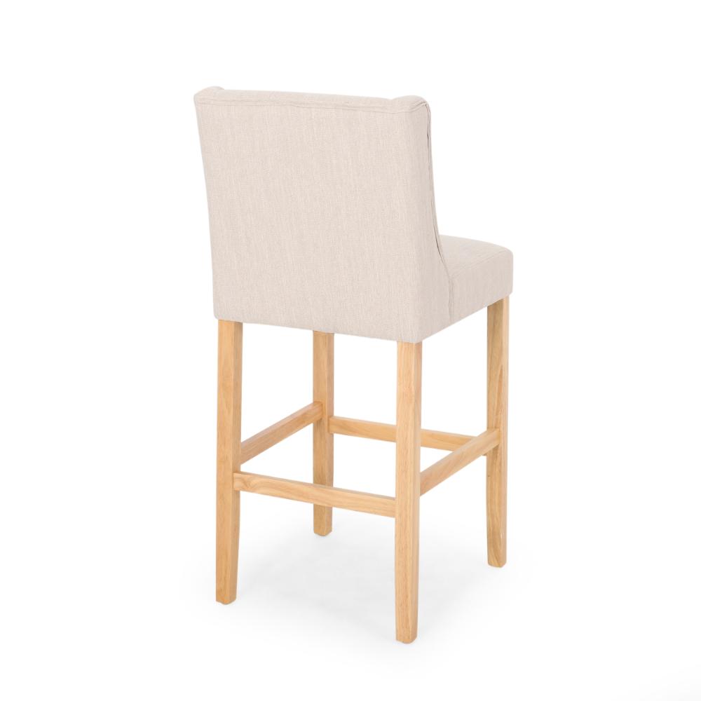 Seliva Barstool Chair Set of 2, Beige Fabric, Tufted Back, Brown Rubberwood -BM323406