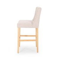 Seliva Barstool Chair Set of 2, Beige Fabric, Tufted Back, Brown Rubberwood -BM323406