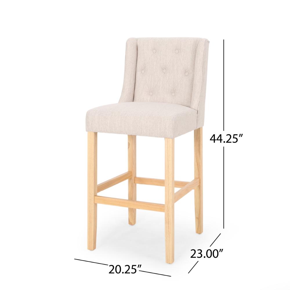 Seliva Barstool Chair Set of 2, Beige Fabric, Tufted Back, Brown Rubberwood -BM323406