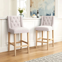 Seliva Barstool Chair Set of 2, Beige Fabric, Tufted Back, Brown Rubberwood -BM323406